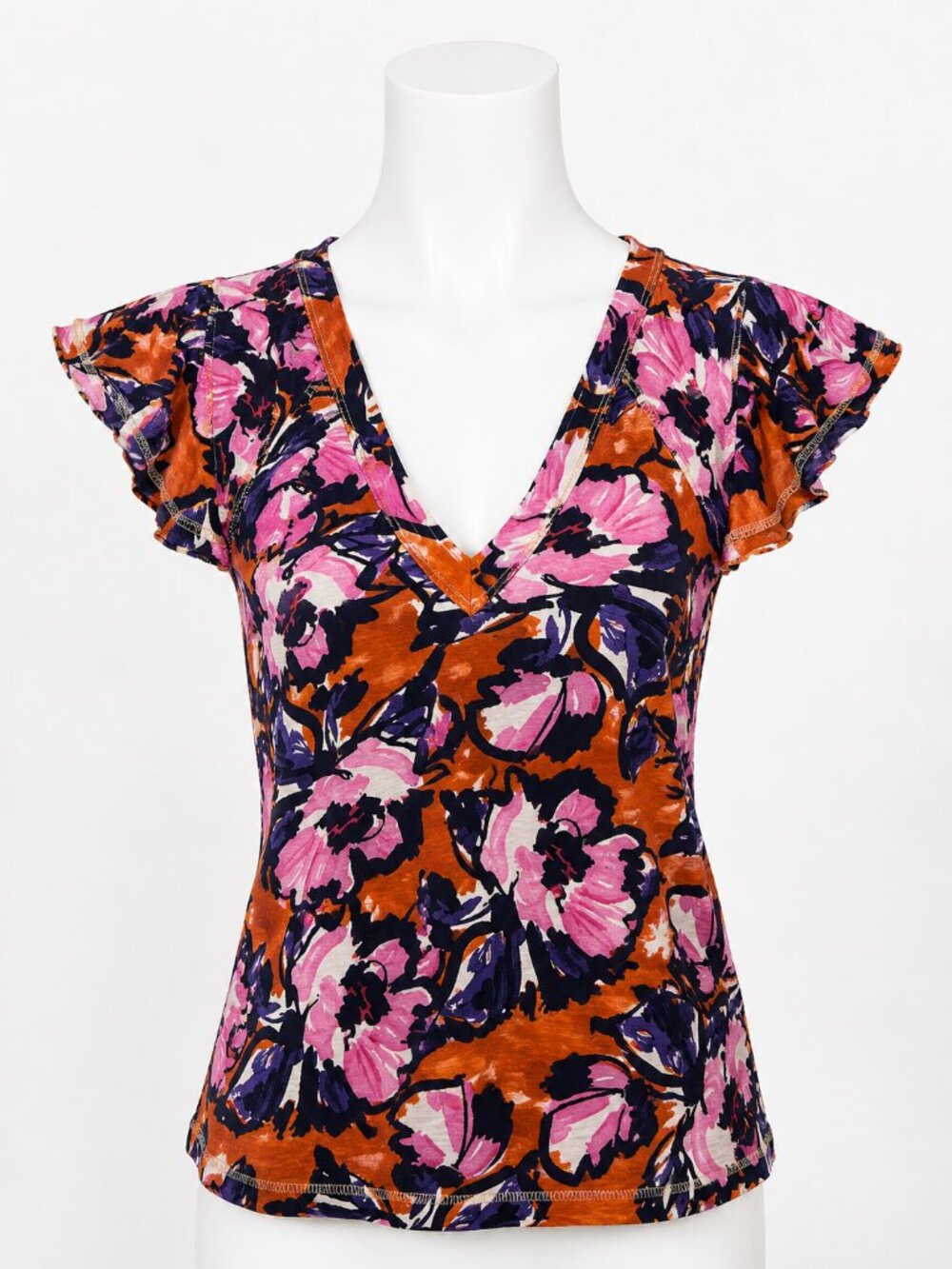 Maeve Anthropologie Floral Flutter Sleeve Top XXS Pink Orange Purple/Blue